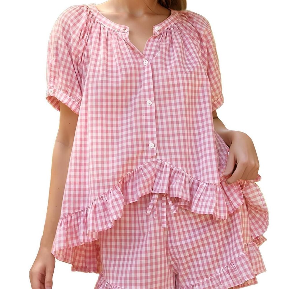 Cottagecore Pink Gingham Pajama Set Coquette Babydoll Lounge Shorts Set Cotton